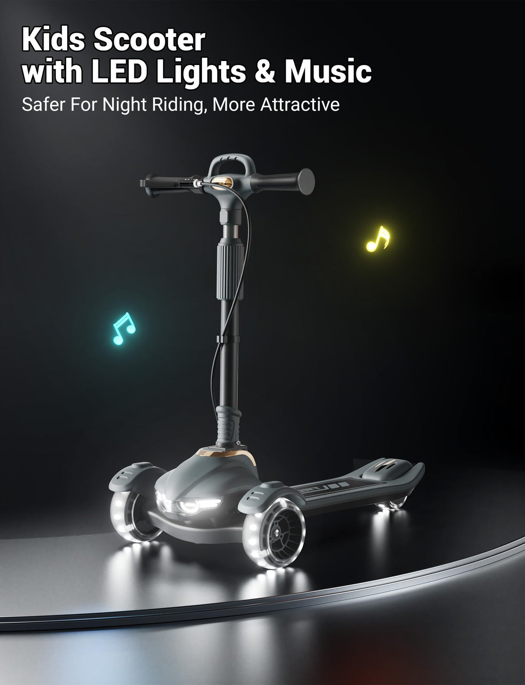 Kids Scooter with Dual Brakes, Music, Lights, Adjustable and Folding Y28447