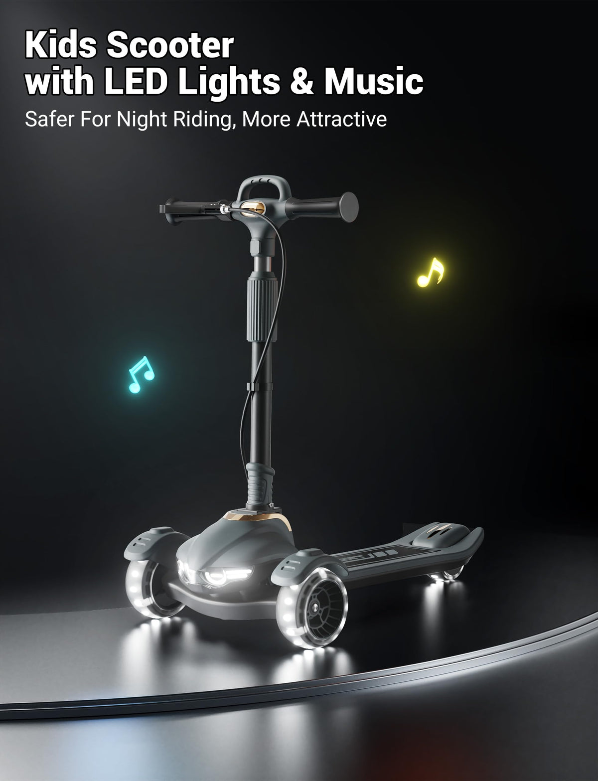 Kids Scooter with Dual Brakes, Music, Lights, Adjustable and Folding Y28447