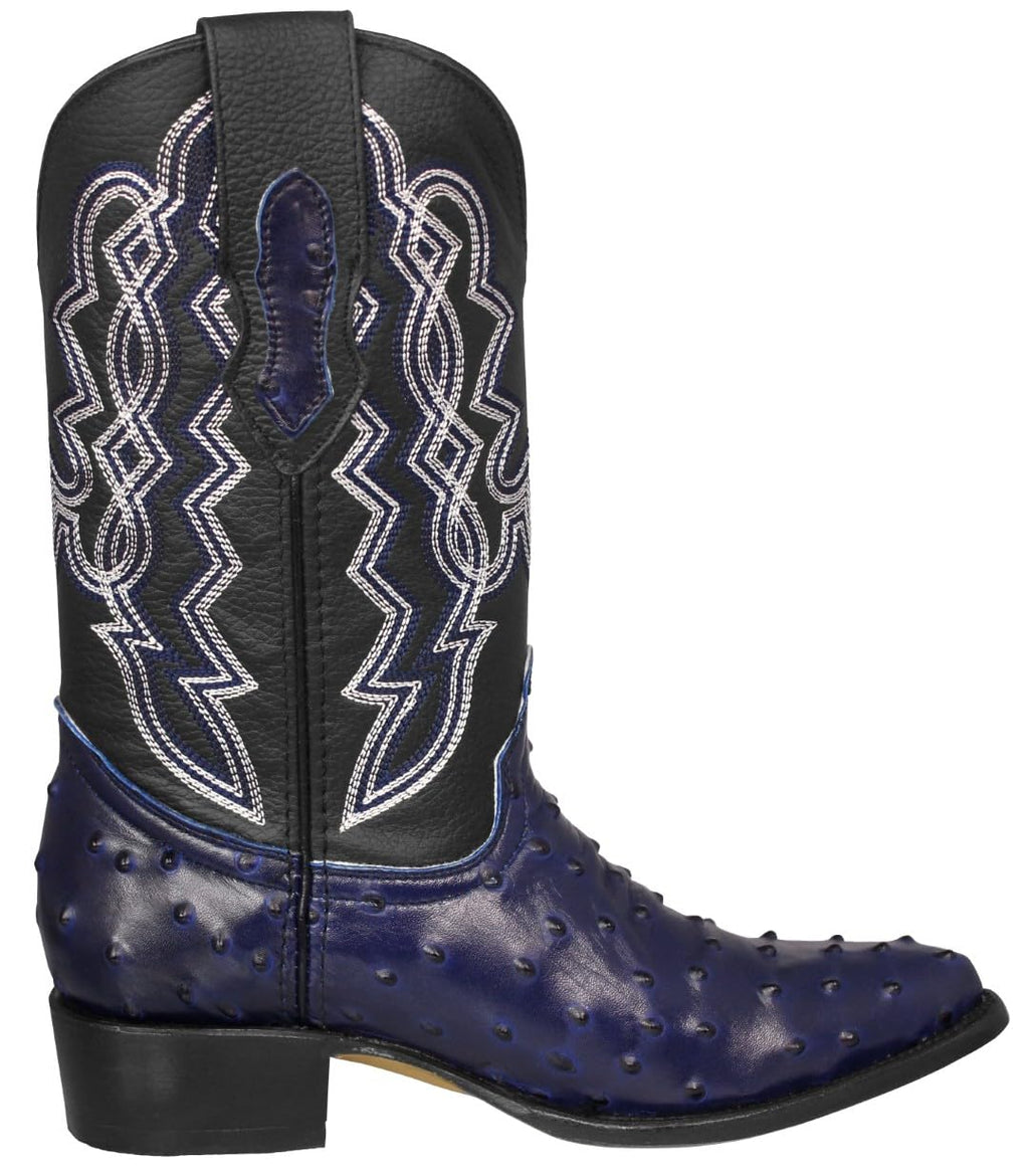 Blue Ostrich Quill Print Leather Western Cowboy Boots T2069