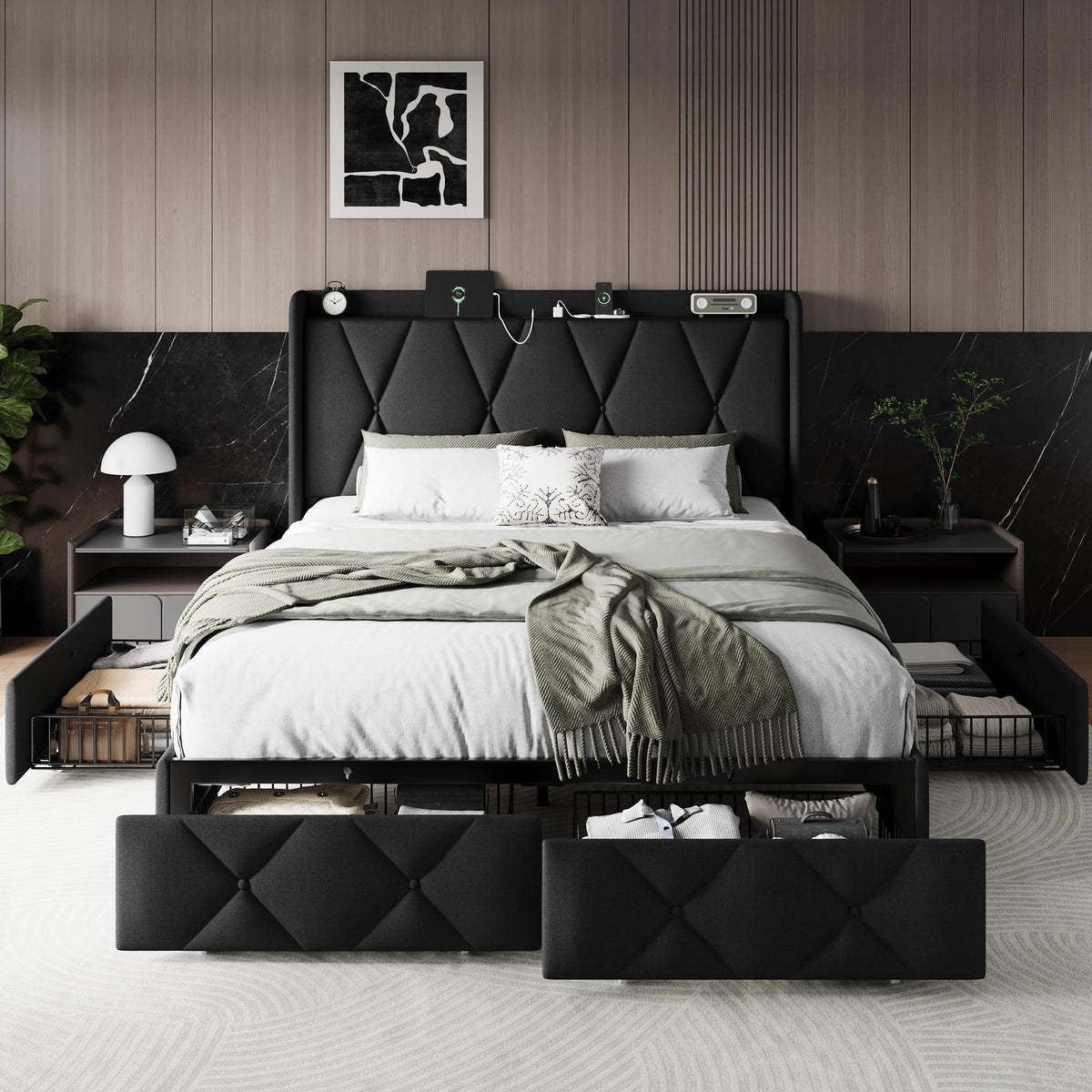 Queen Bed Frame with 4 Storage Drawers and Charging Station R176