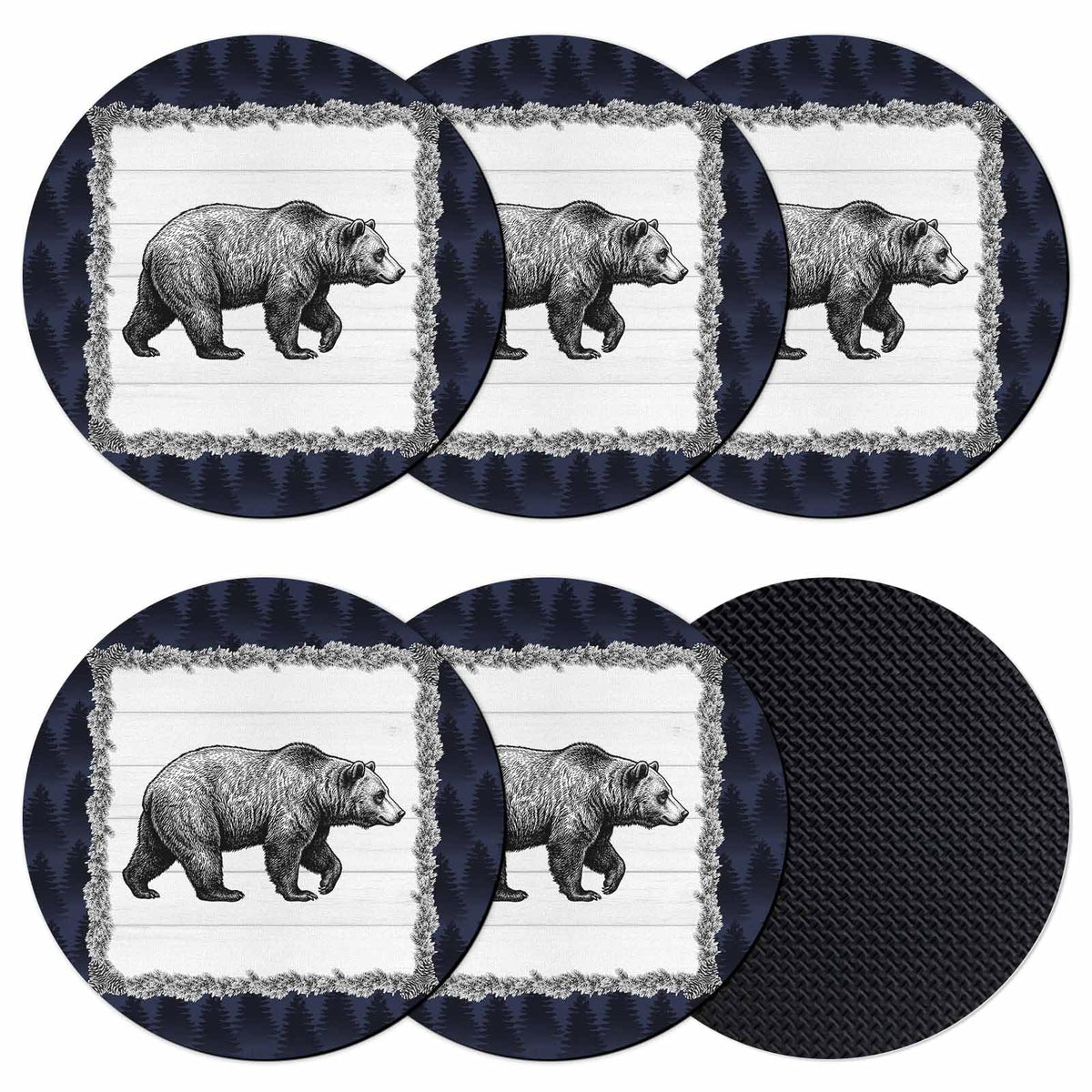 Black White Bear Round Absorbent Coasters Set of 6 I256895