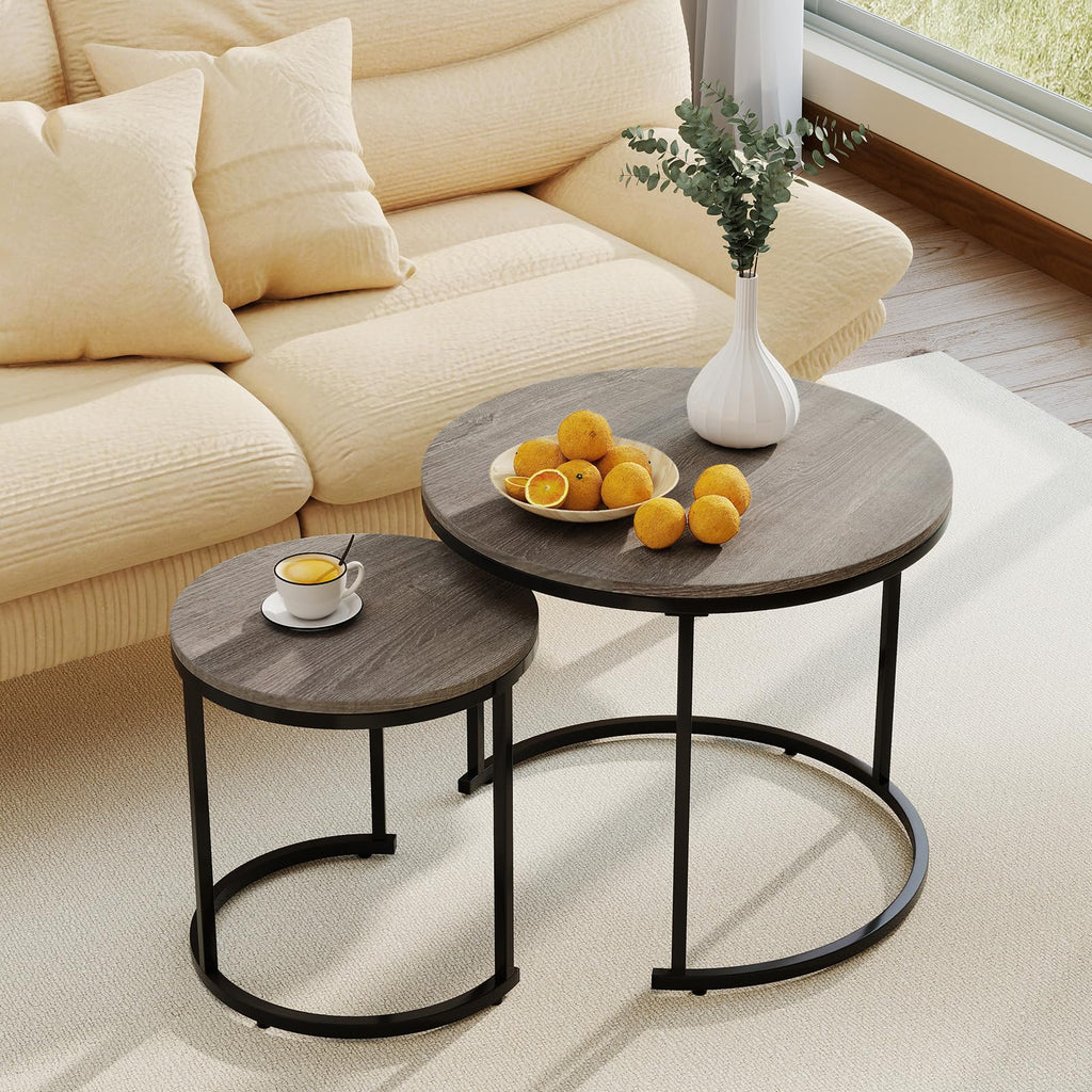 Round Nesting Coffee Table Set of 2 Grey Oak V268