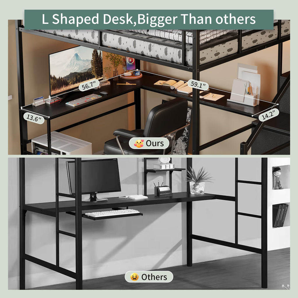 Full Size Metal Loft Bed with Desk & Storage Staircase J7019