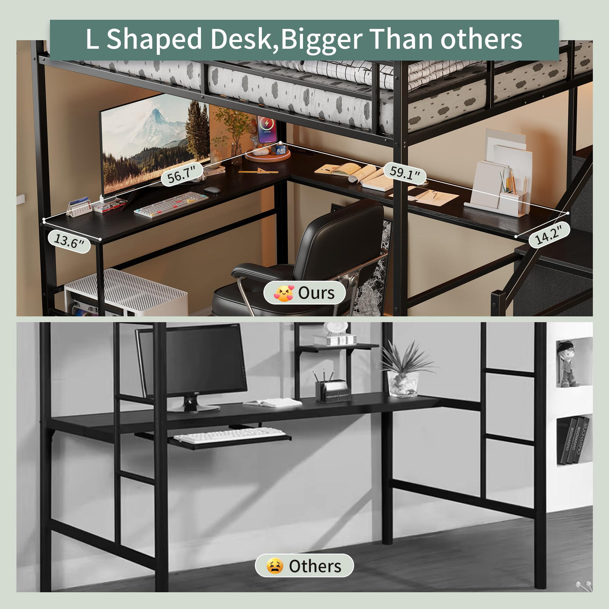 Full Size Metal Loft Bed with Desk & Storage Staircase J7019