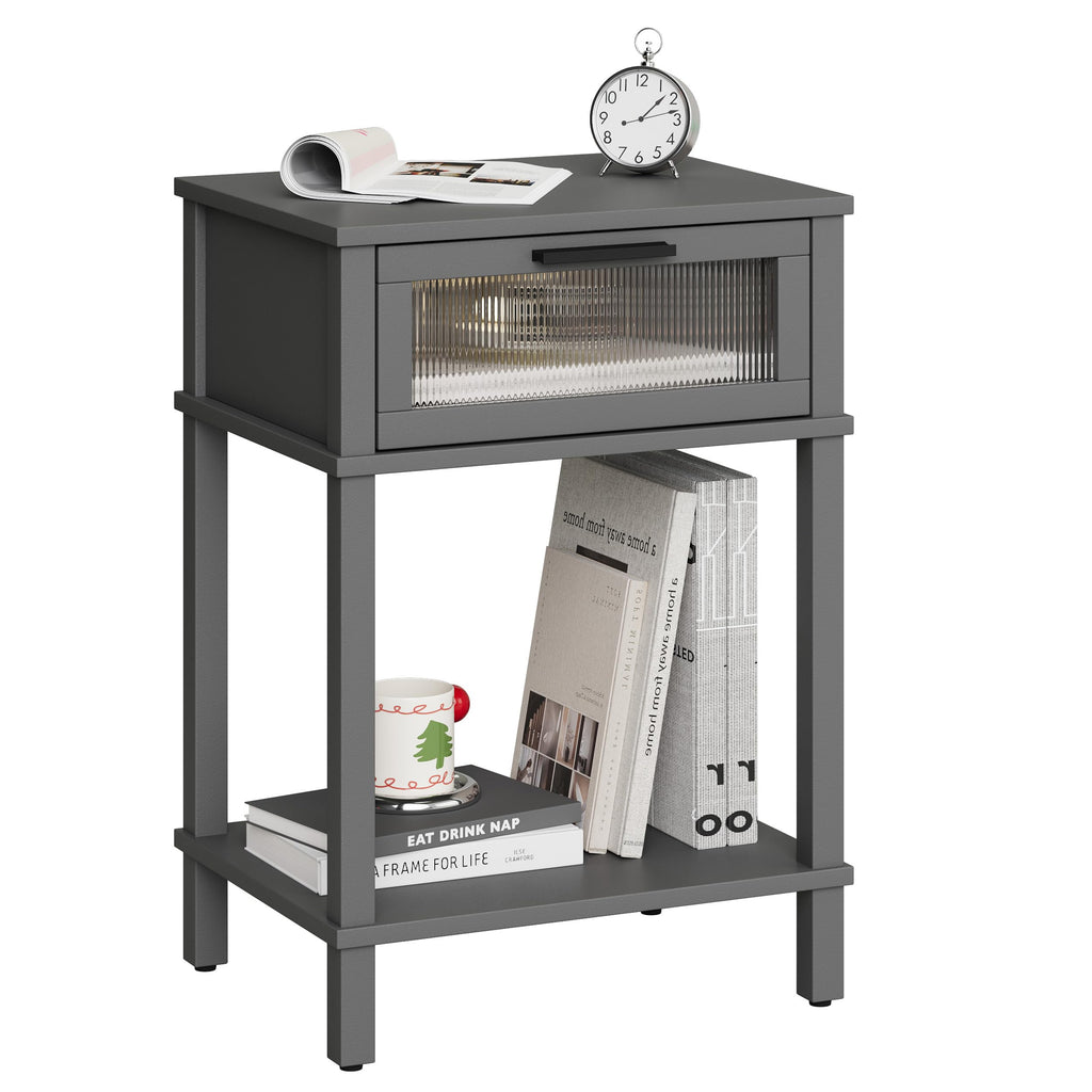 Grey Wooden Nightstand with Drawer and Storage Shelf R496