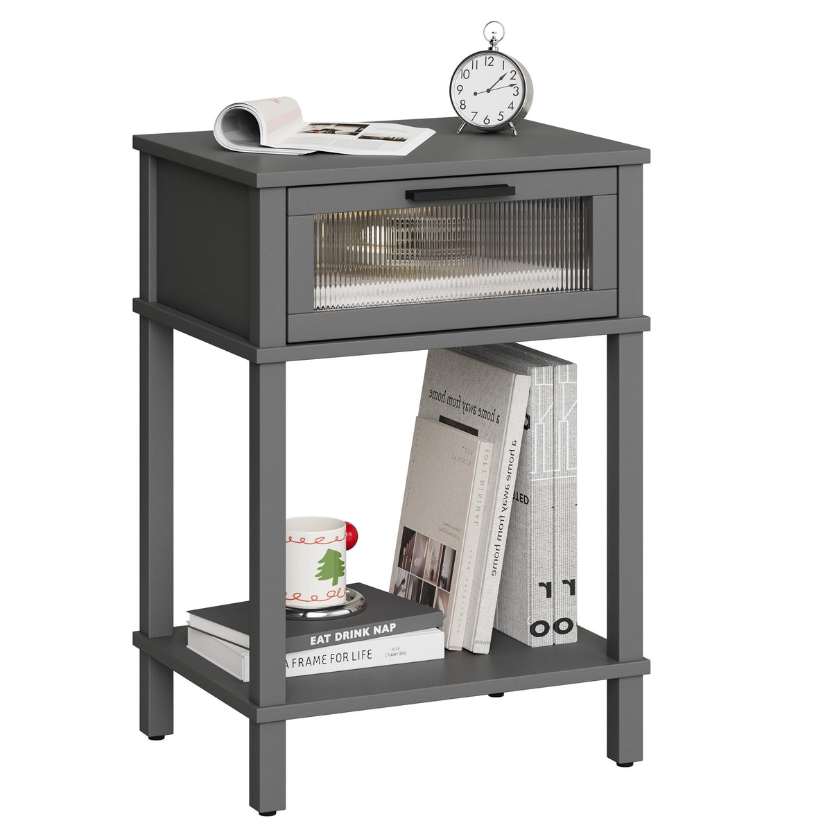 Grey Wooden Nightstand with Drawer and Storage Shelf R496