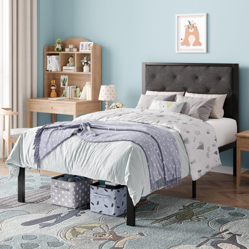 Twin Size Metal Bed Frame with Linen Tufted Headboard O5318