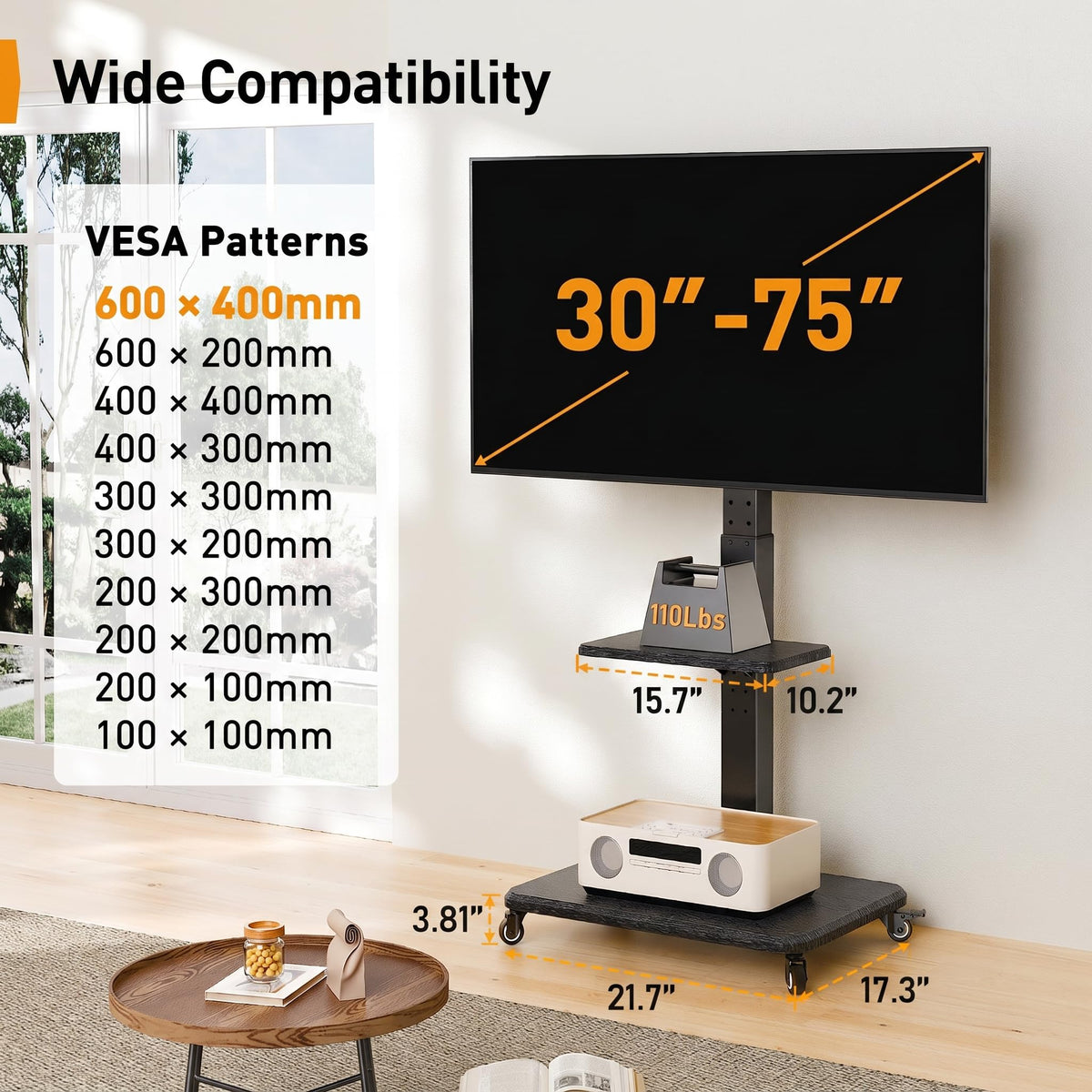 Rolling TV Stand with Wheels for 30-75 Inch TVs Y905781