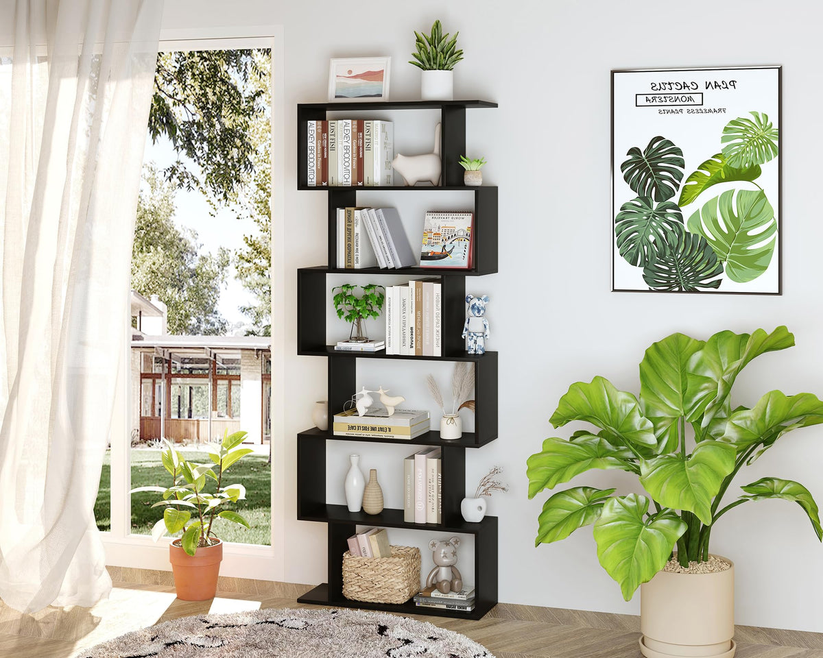 6-Tier Geometric S Shaped Wood Bookshelf I922468