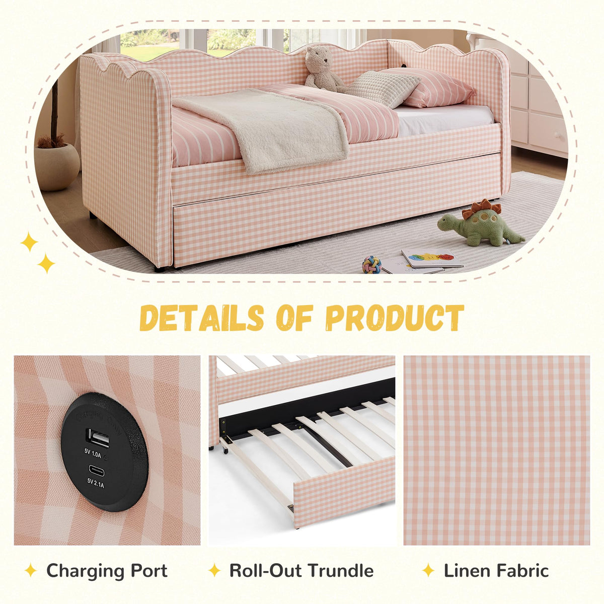 Pink Linen Upholstered Daybed Y2544