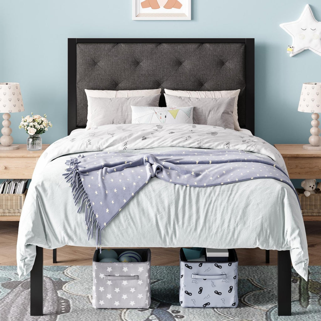 Twin Size Metal Bed Frame with Linen Tufted Headboard O5318