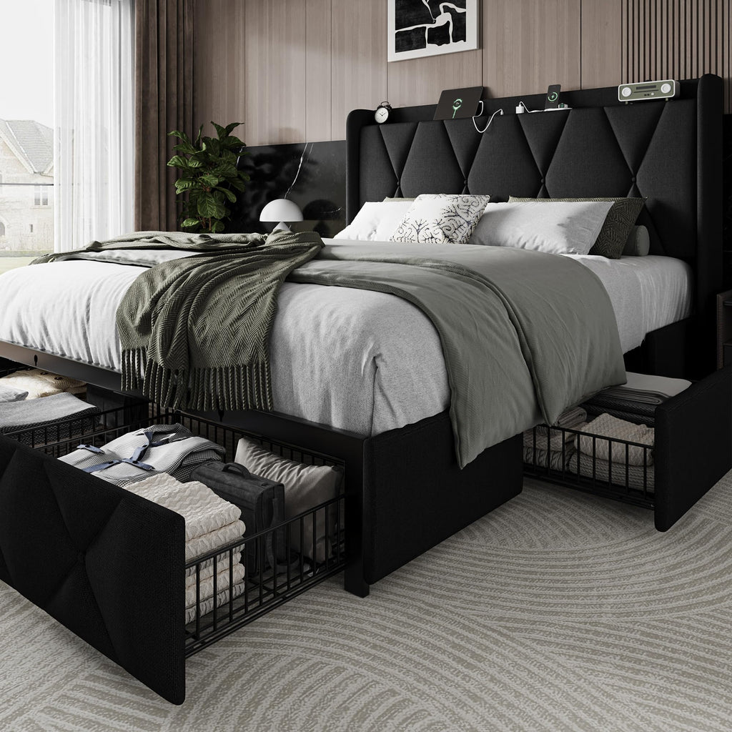Queen Bed Frame with 4 Storage Drawers and Charging Station R176