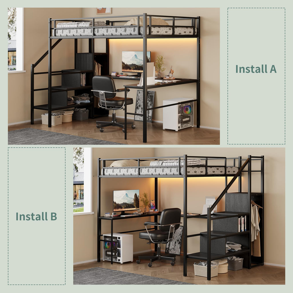 Full Size Metal Loft Bed with Desk & Storage Staircase J7019