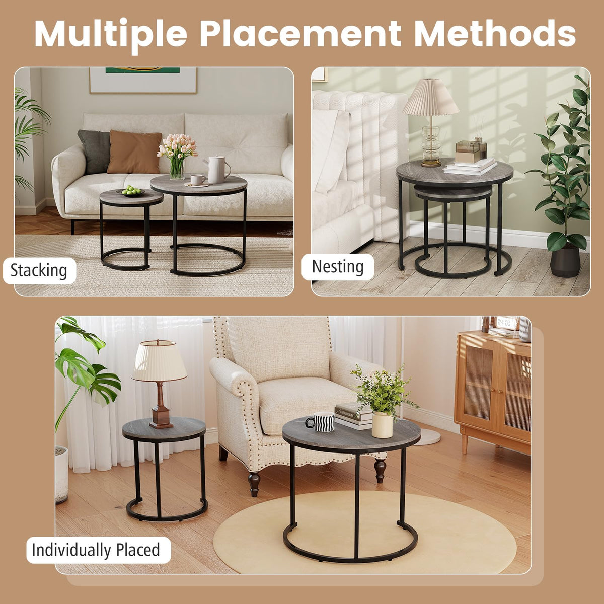 Round Nesting Coffee Table Set of 2 Grey Oak V268