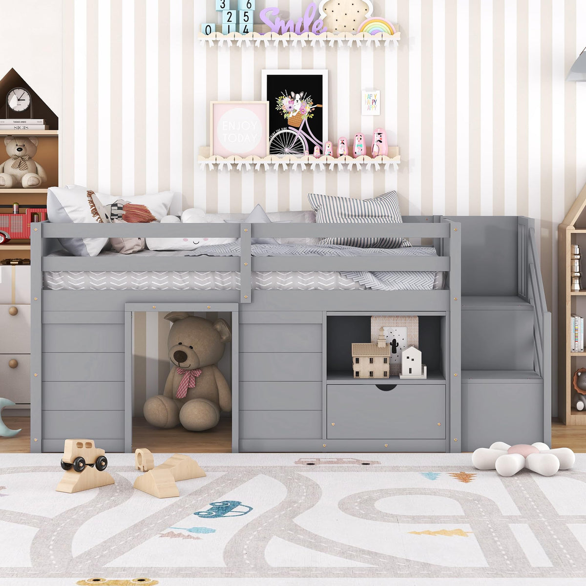 Twin Size Wood Loft Bed with Storage V6335