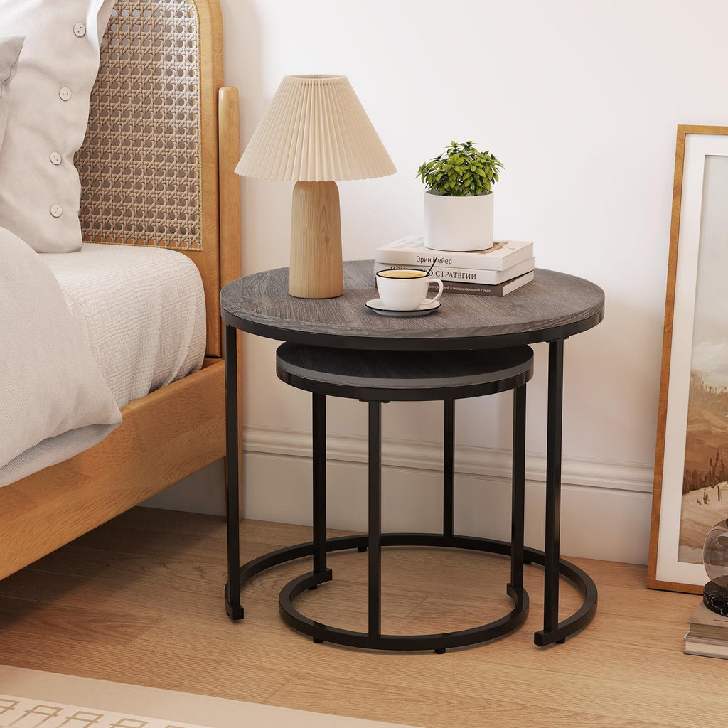 Round Nesting Coffee Table Set of 2 Grey Oak V268