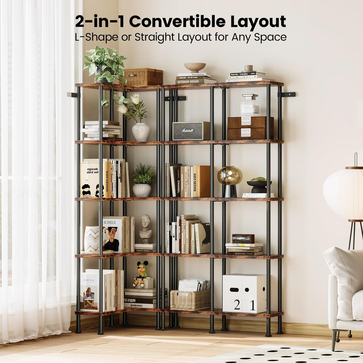 L-Shaped 5-Tier Rustic Brown Bookshelf A872