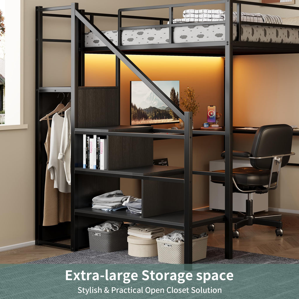 Full Size Metal Loft Bed with Desk & Storage Staircase J7019
