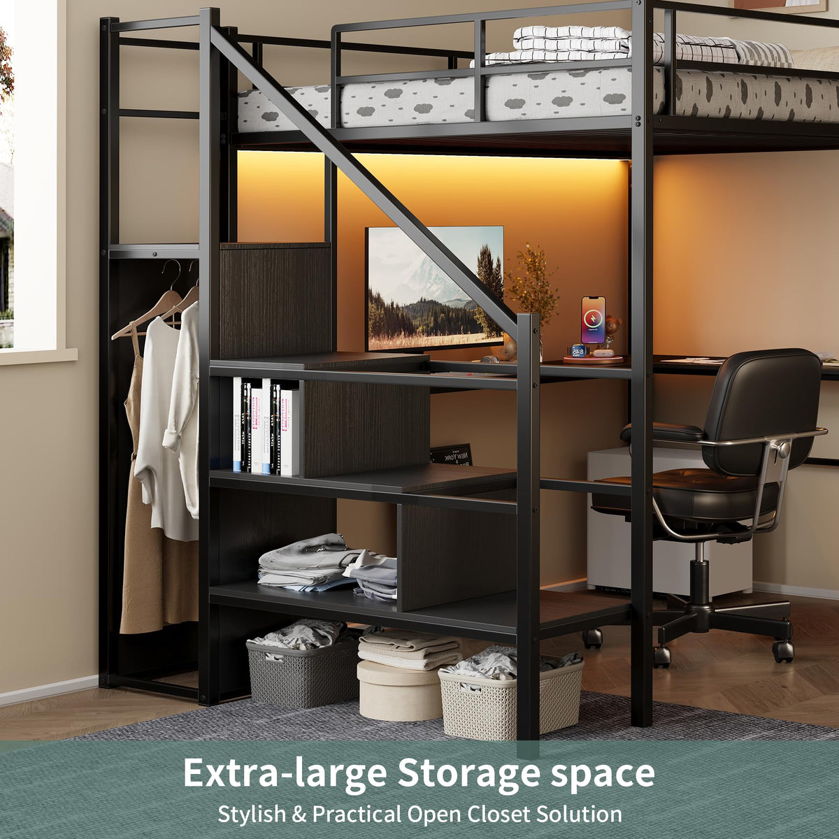 Full Size Metal Loft Bed with Desk & Storage Staircase J7019