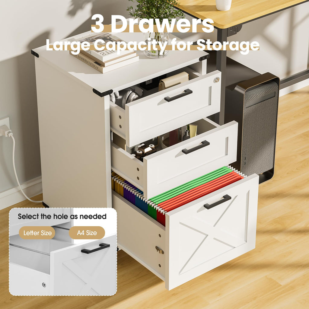 Small Wood File Cabinet with Charging Station and Lock, 3 Drawers L678