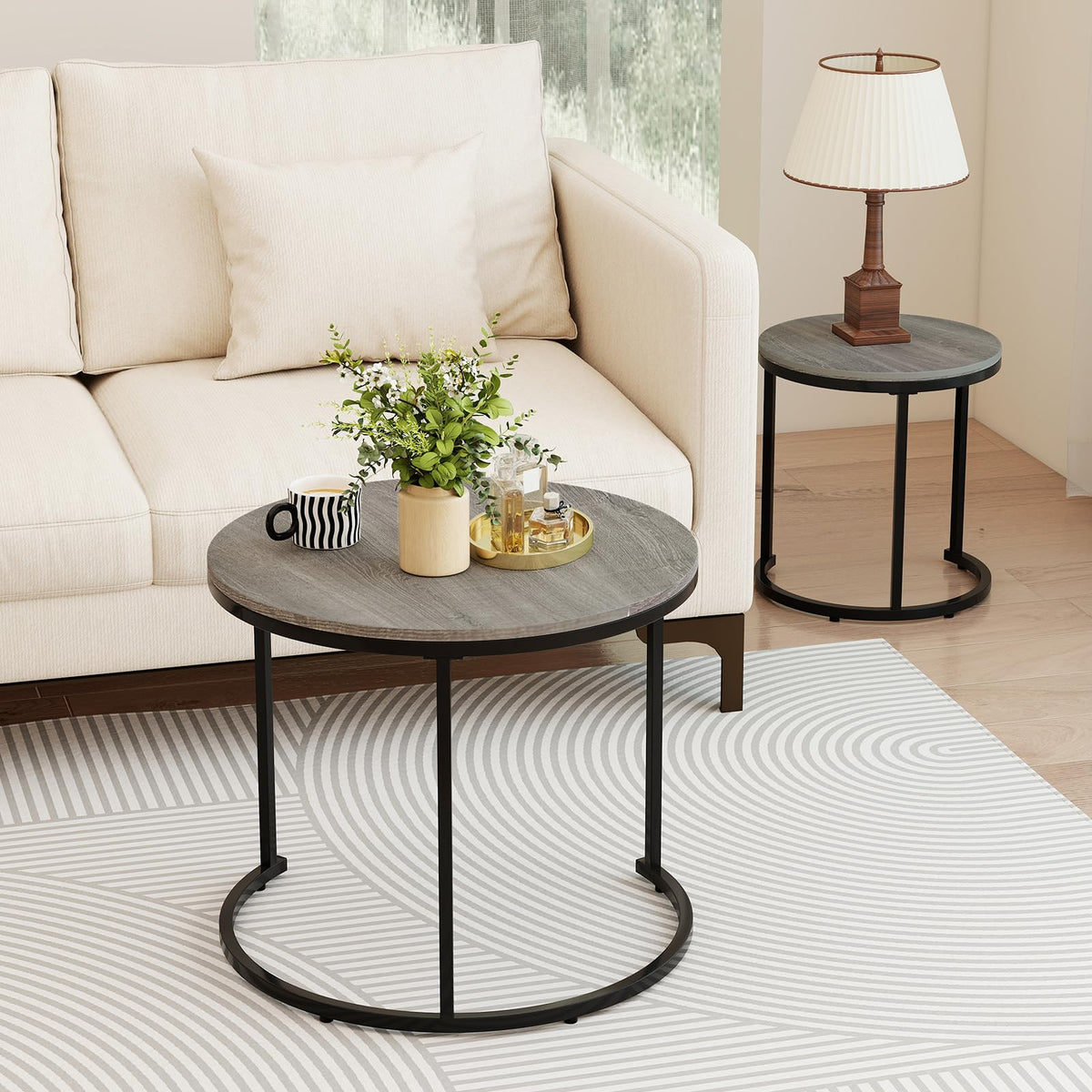 Round Nesting Coffee Table Set of 2 Grey Oak V268