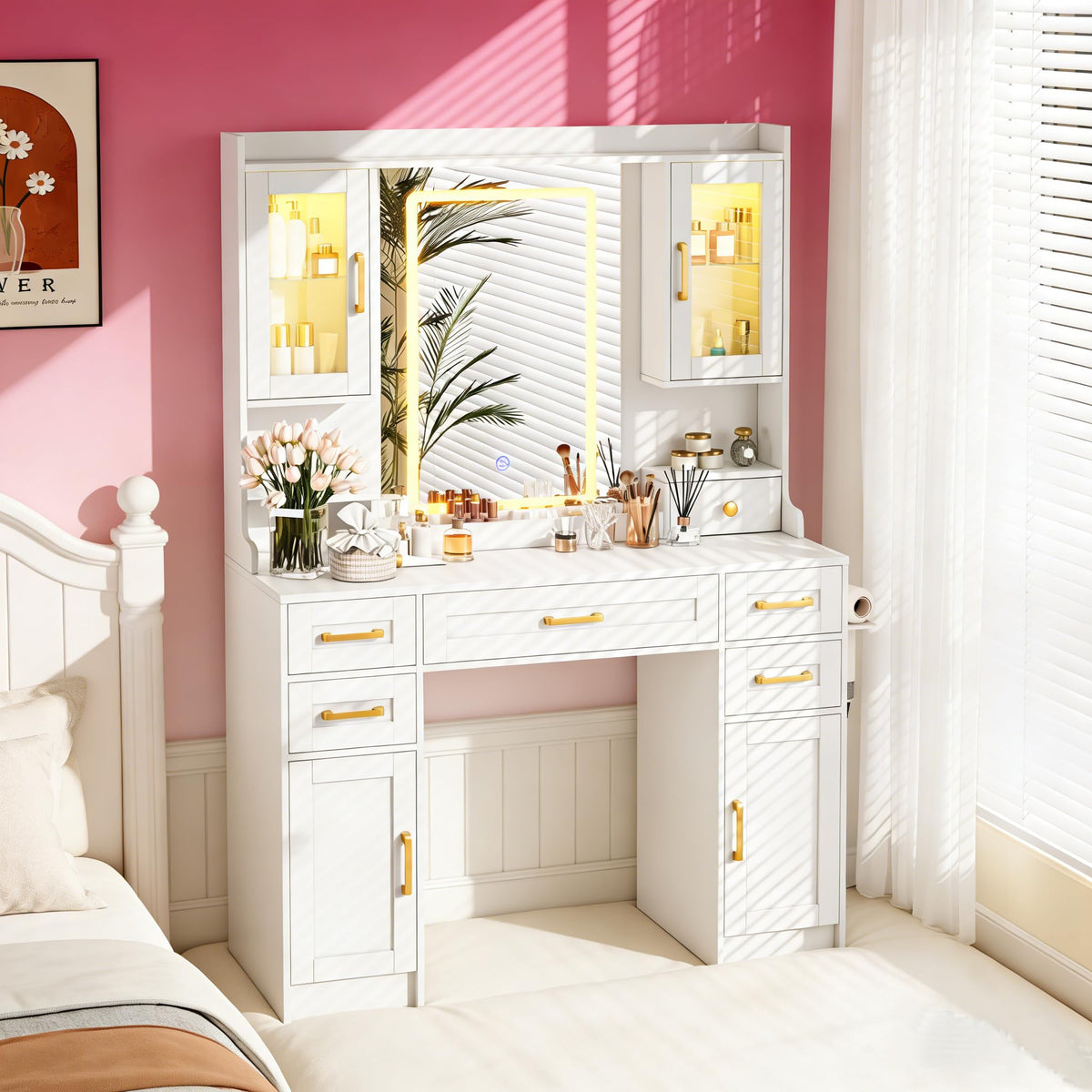 White Vanity Desk with Mirror, LED Lights and Power Outlet Q170