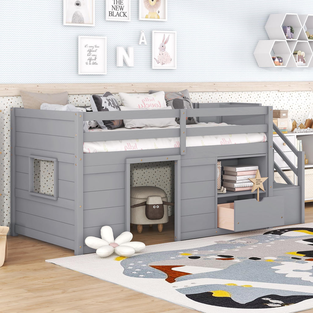 Twin Size Wood Loft Bed with Storage V6335