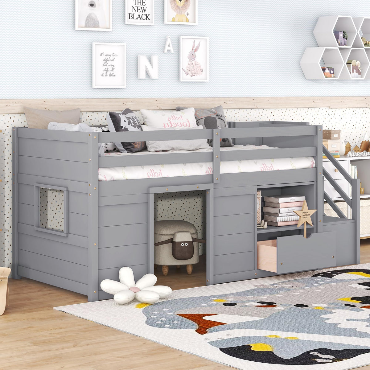 Twin Size Wood Loft Bed with Storage V6335