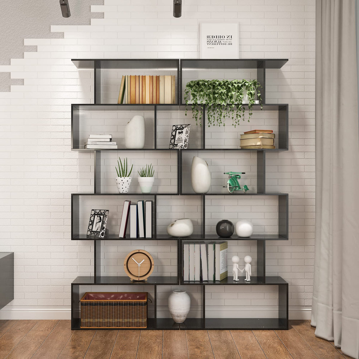 6-Tier Geometric S Shaped Wood Bookshelf I922468