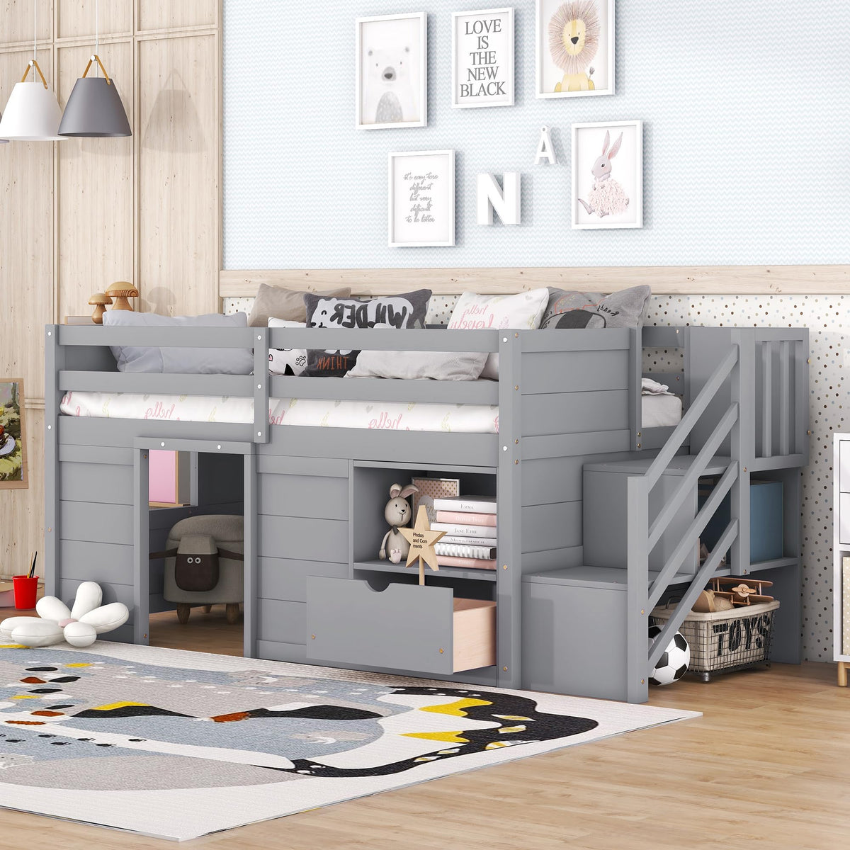 Twin Size Wood Loft Bed with Storage V6335