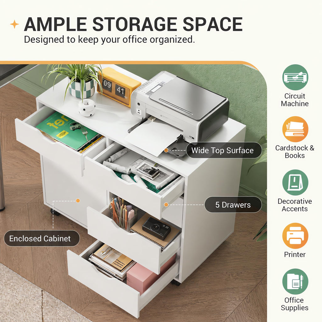 White 5 Drawer Wood Office Cabinet X5493