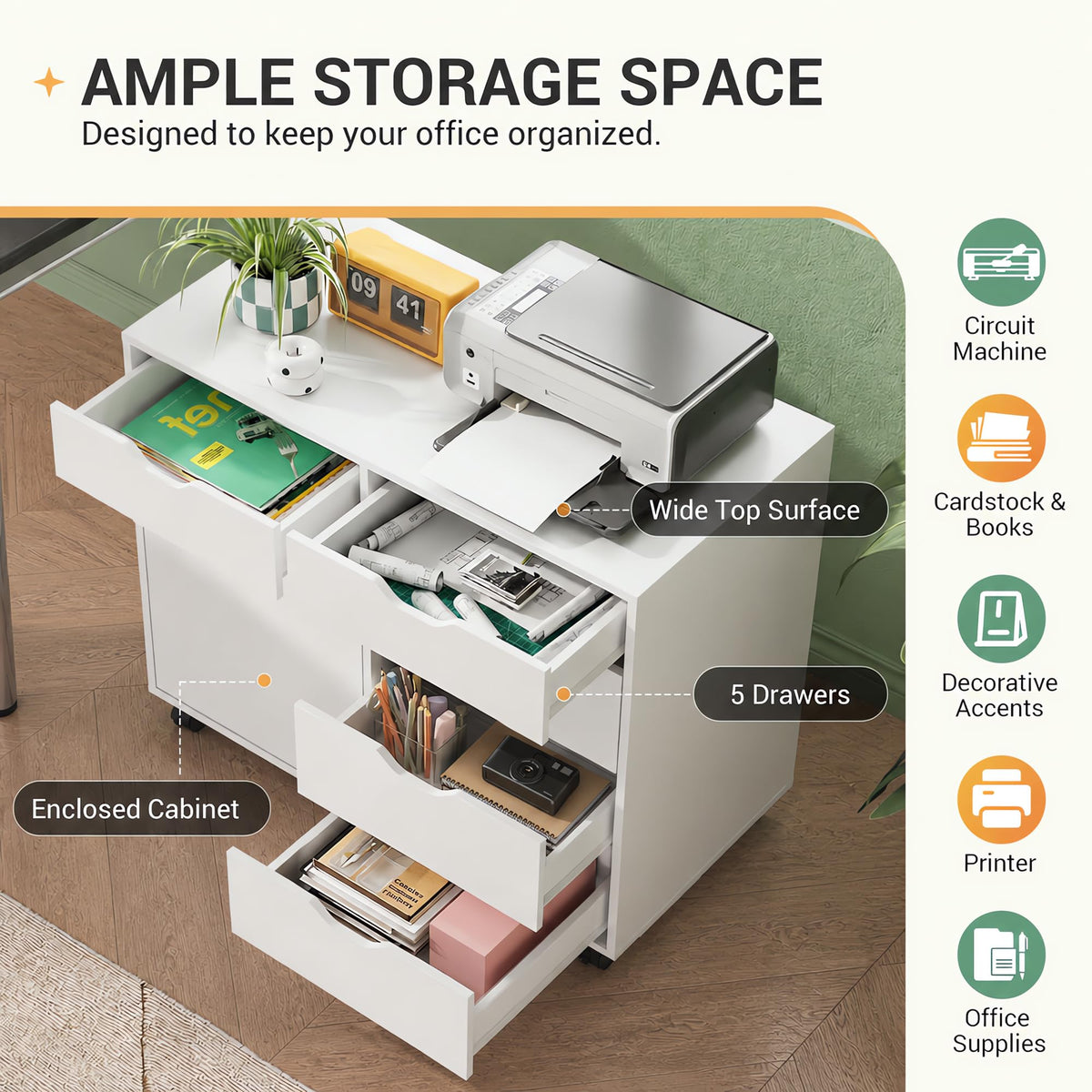 White 5 Drawer Wood Office Cabinet X5493