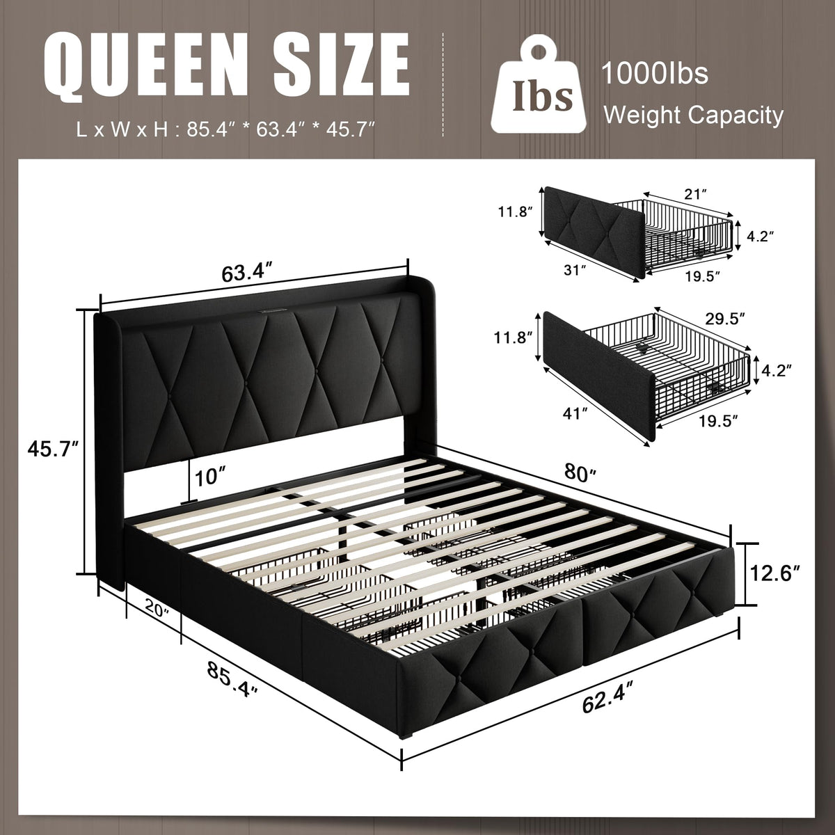 Queen Bed Frame with 4 Storage Drawers and Charging Station R176