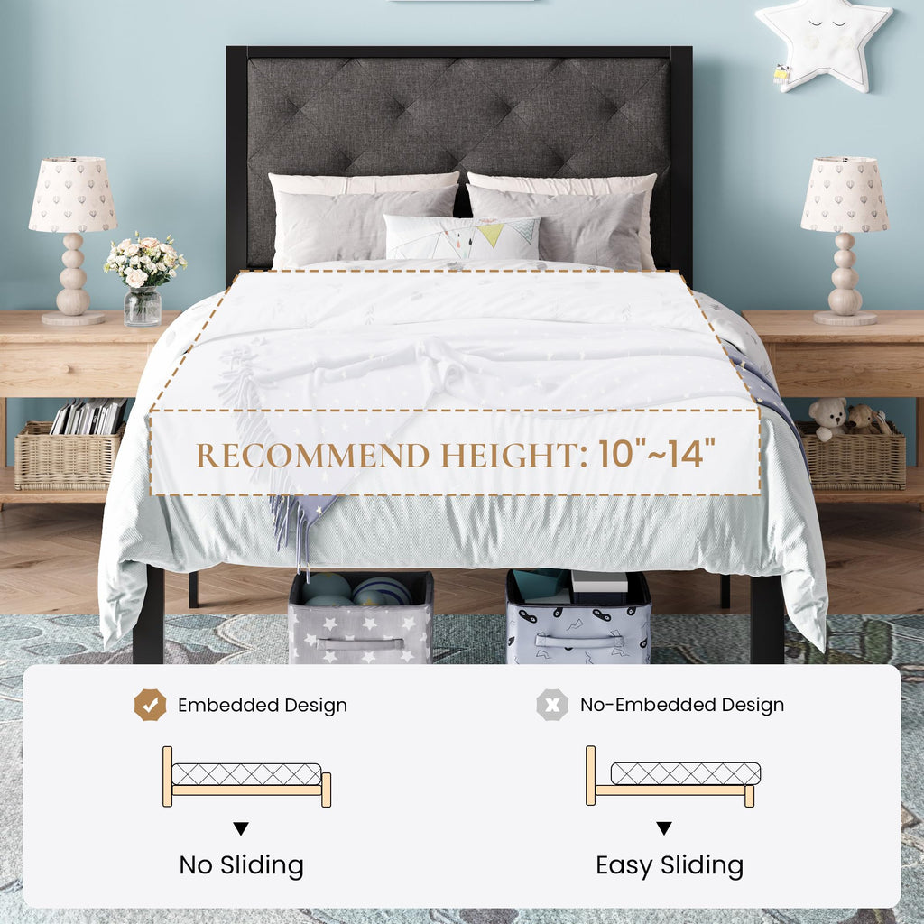 Twin Size Metal Bed Frame with Linen Tufted Headboard O5318