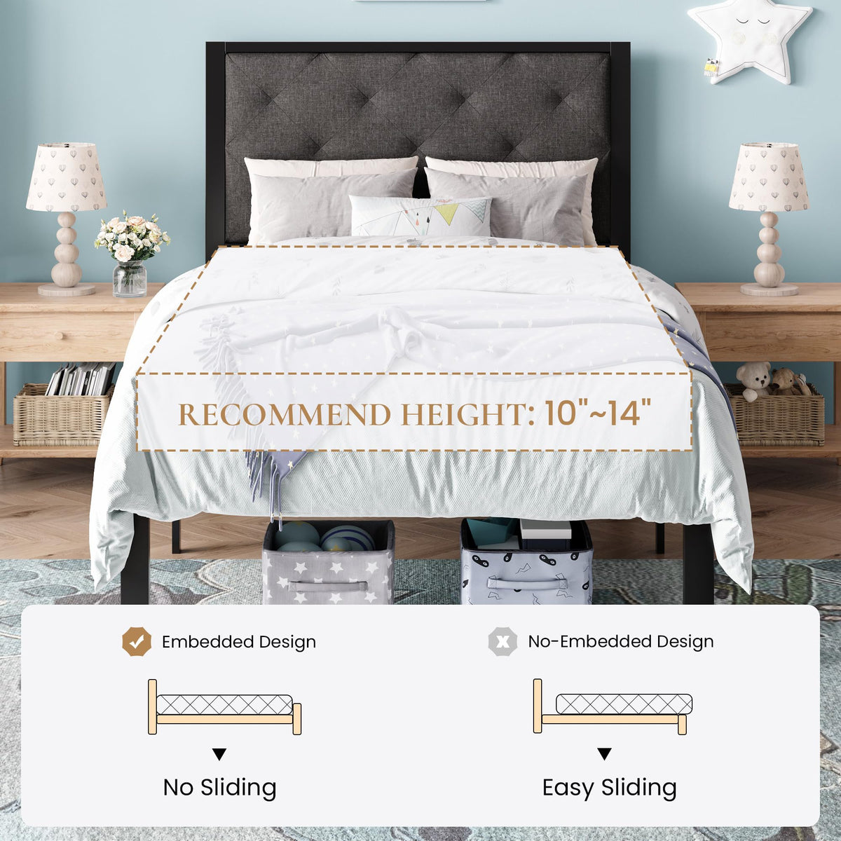Twin Size Metal Bed Frame with Linen Tufted Headboard O5318