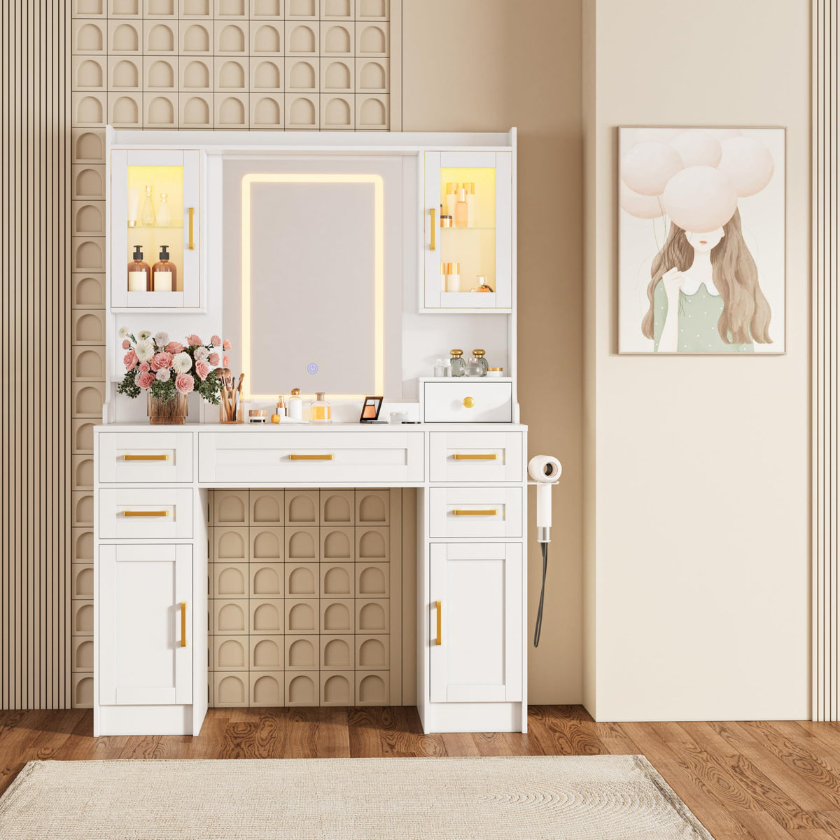 White Vanity Desk with Mirror, LED Lights and Power Outlet Q170