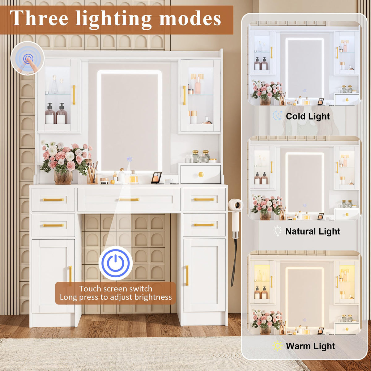 White Vanity Desk with Mirror, LED Lights and Power Outlet Q170