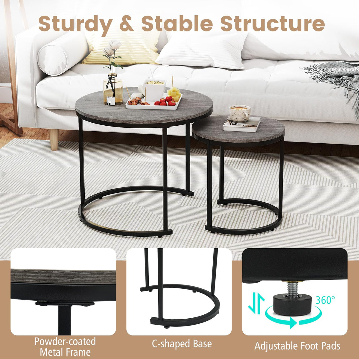 Round Nesting Coffee Table Set of 2 Grey Oak V268