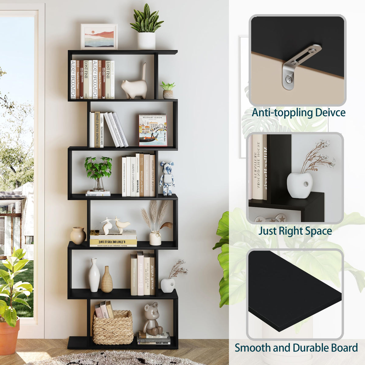 6-Tier Geometric S Shaped Wood Bookshelf I922468