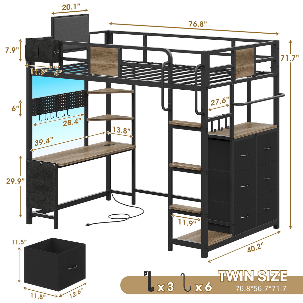 Twin Loft Bed with Desk and 6 Storage Drawers P948