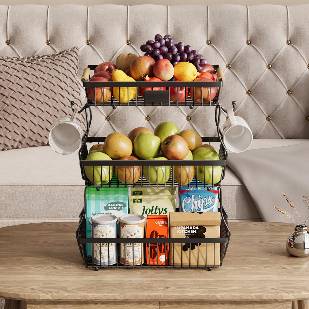 Black 3 Tier Metal Fruit Basket with Wooden Handle K584