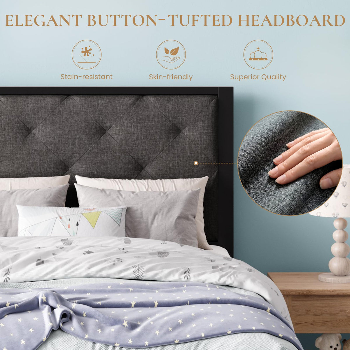 Twin Size Metal Bed Frame with Linen Tufted Headboard O5318