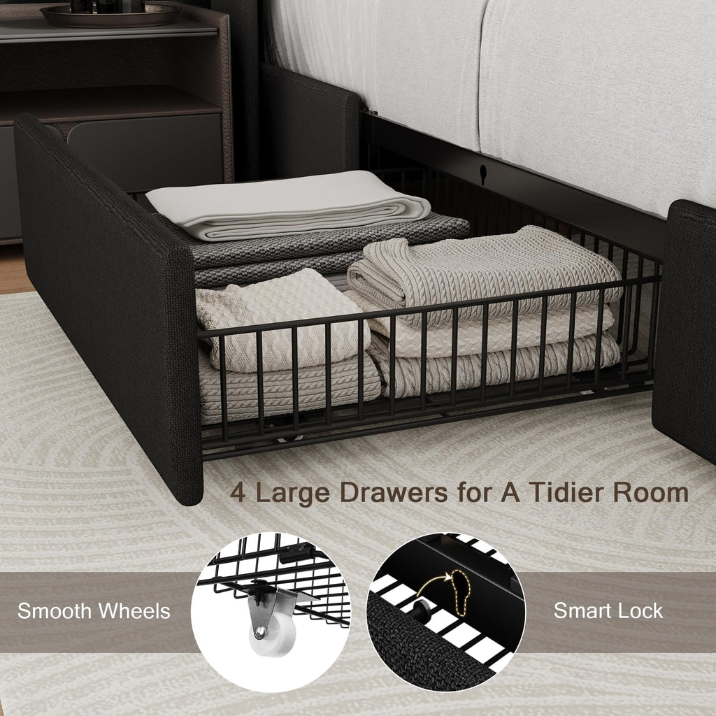 Queen Bed Frame with 4 Storage Drawers and Charging Station R176