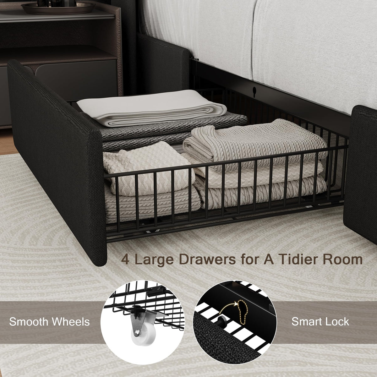 Queen Bed Frame with 4 Storage Drawers and Charging Station R176