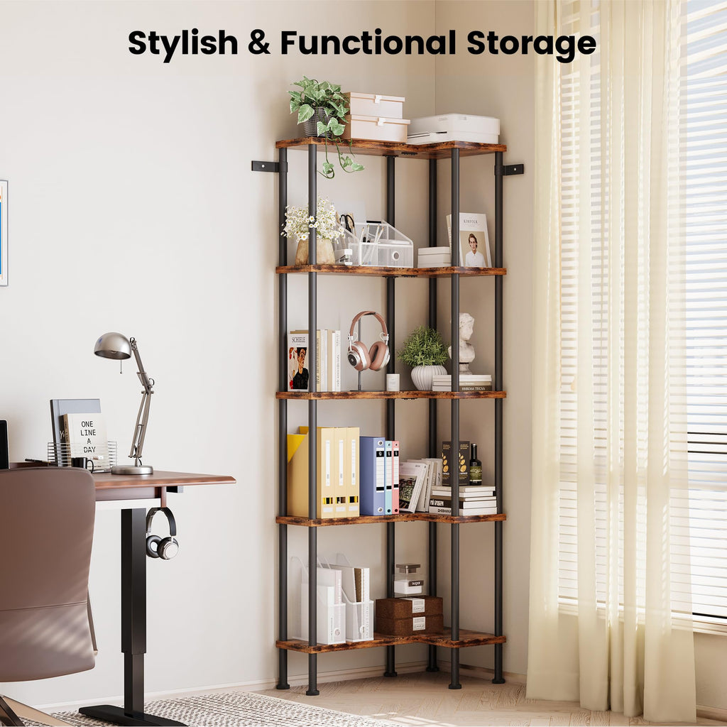 L-Shaped 5-Tier Rustic Brown Bookshelf A872