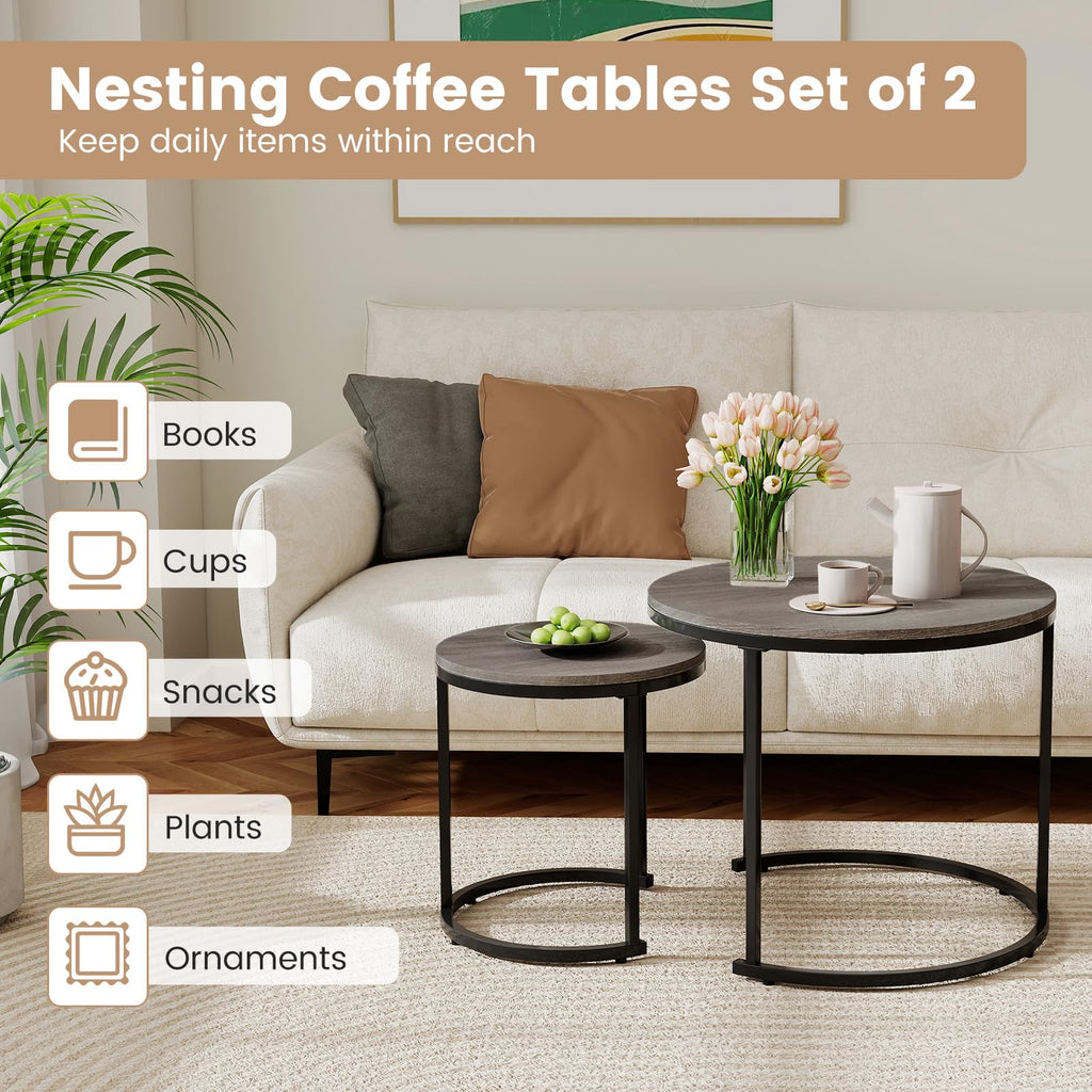 Round Nesting Coffee Table Set of 2 Grey Oak V268