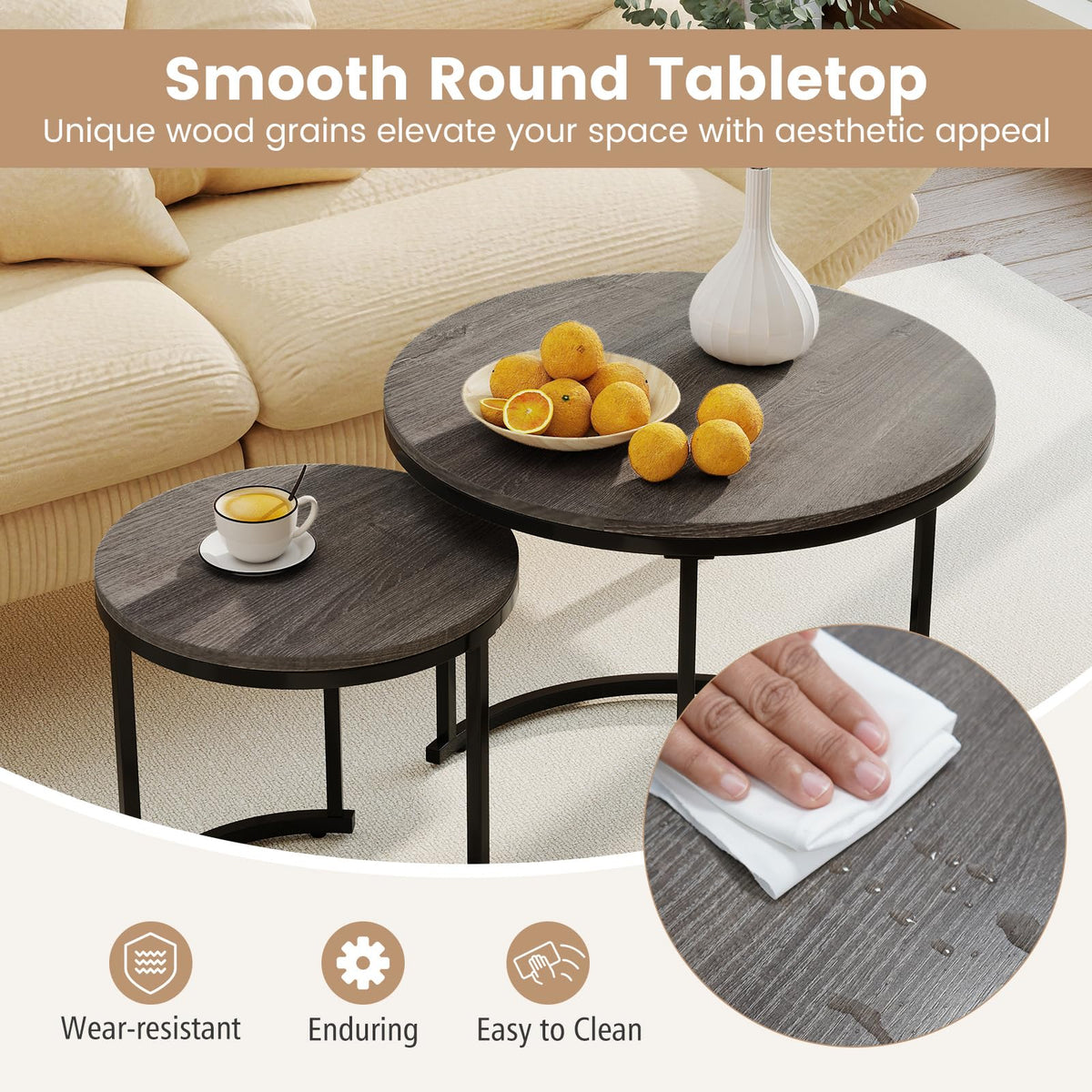 Round Nesting Coffee Table Set of 2 Grey Oak V268