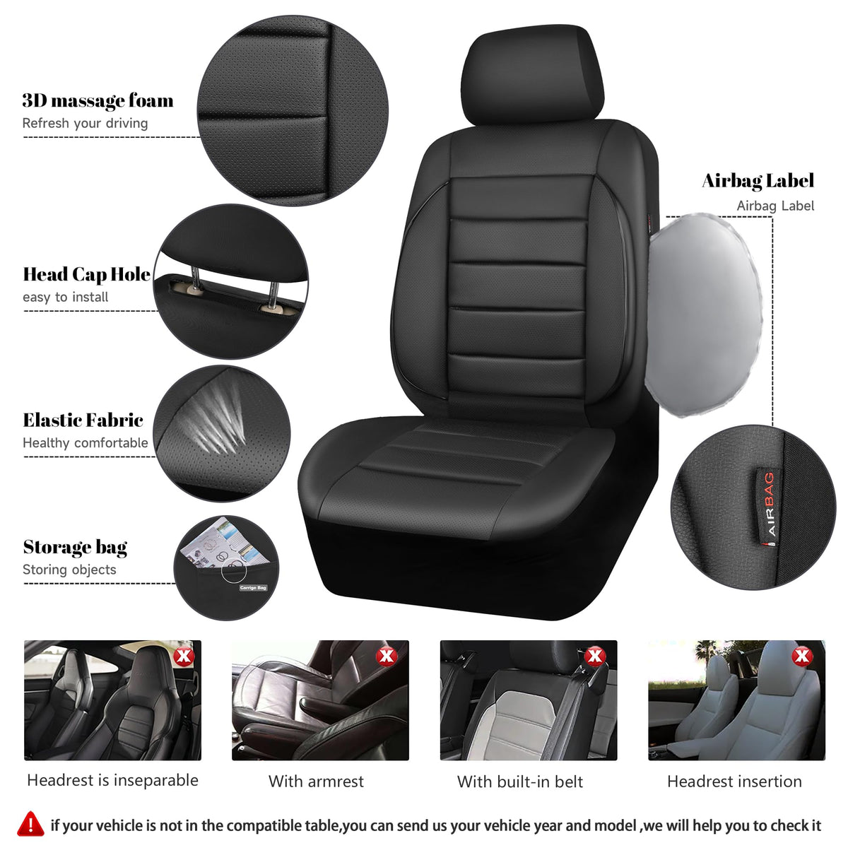 Leather Seat Covers Full Set Water Resistant 3D Foam Back Support 5 Seat Covers E2395
