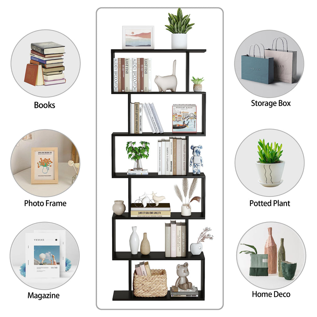 6-Tier Geometric S Shaped Wood Bookshelf I922468
