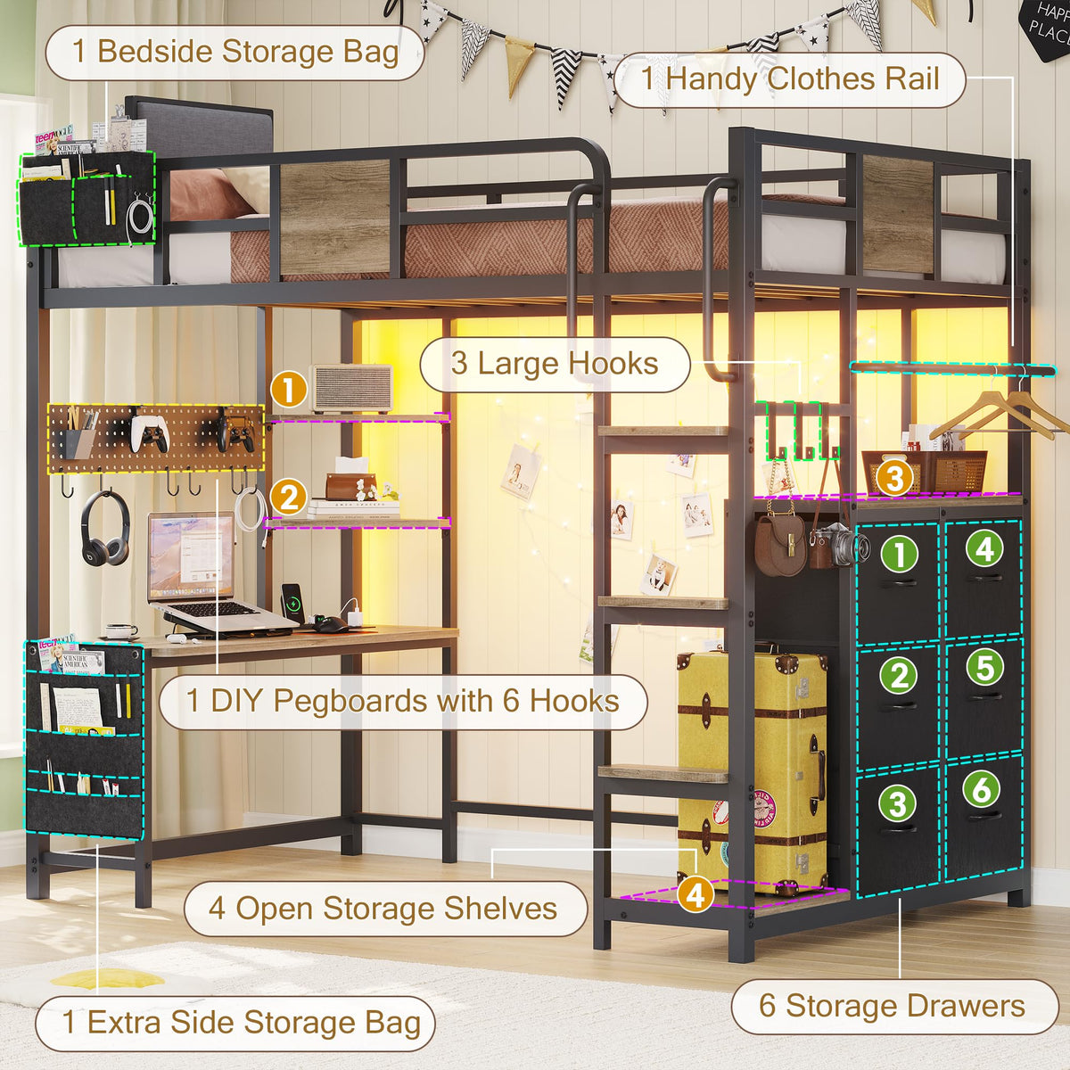 Twin Loft Bed with Desk and 6 Storage Drawers P948